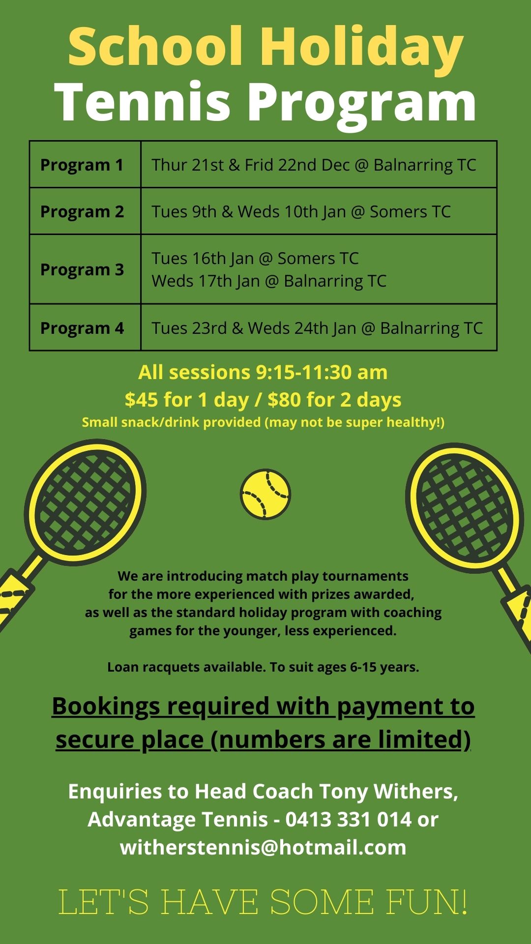 School Holiday Tennis Clinics Dec 2023 Jan 20241